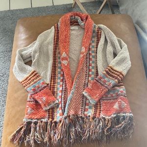 Love Stitch sweater, multicolored, native design, orange blue yellow red, small